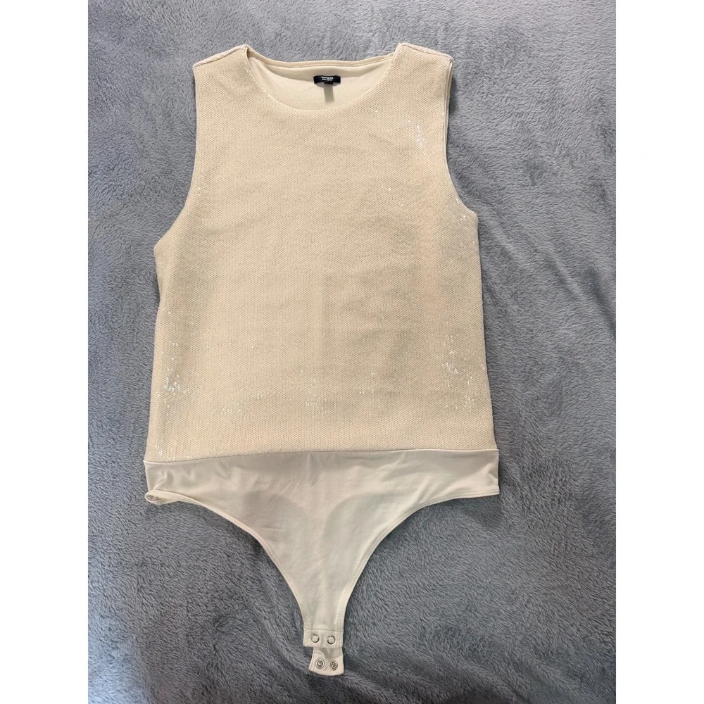 NWT Express Body Contour Champagne Beige Sequin Sleeveless Bodysuit Size L